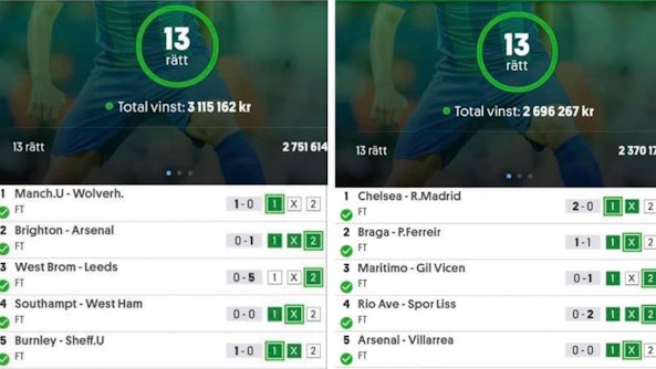 Vinst Europatipset Stryktipset 13 rätt