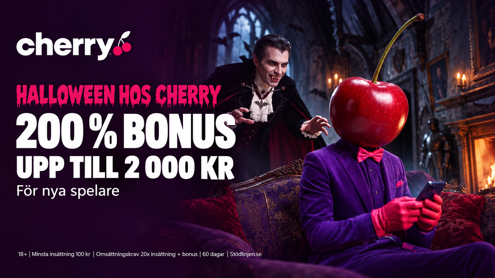 Cherry Halloween med vampyr och korsbarsmaskot