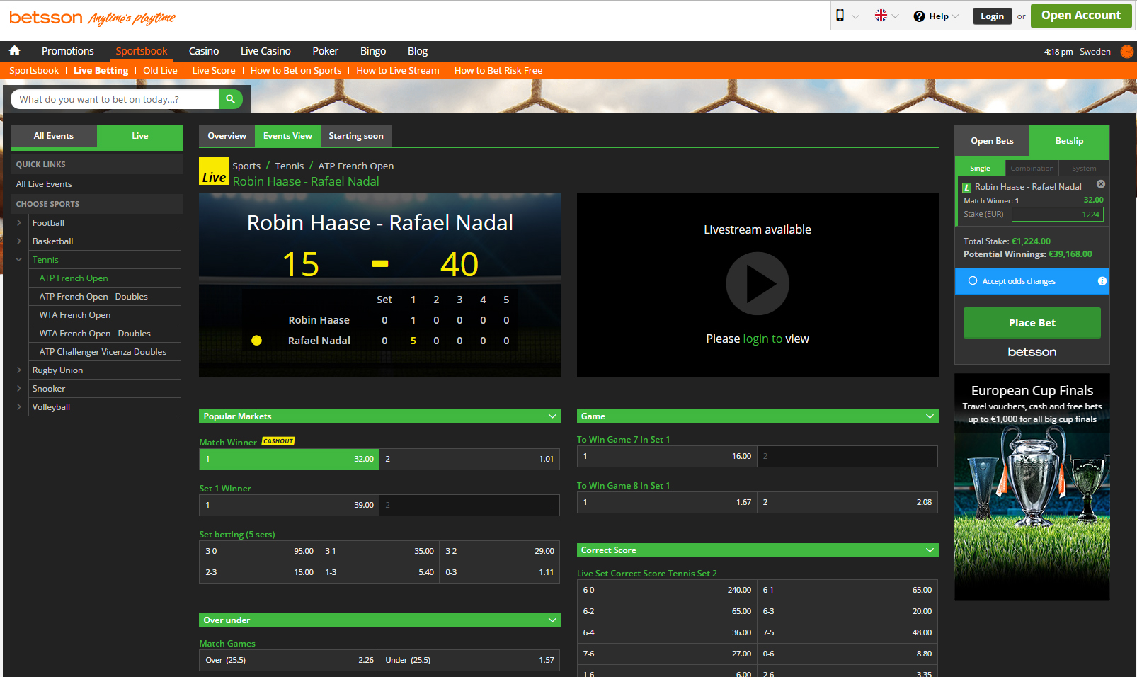 Betsson Live Odds