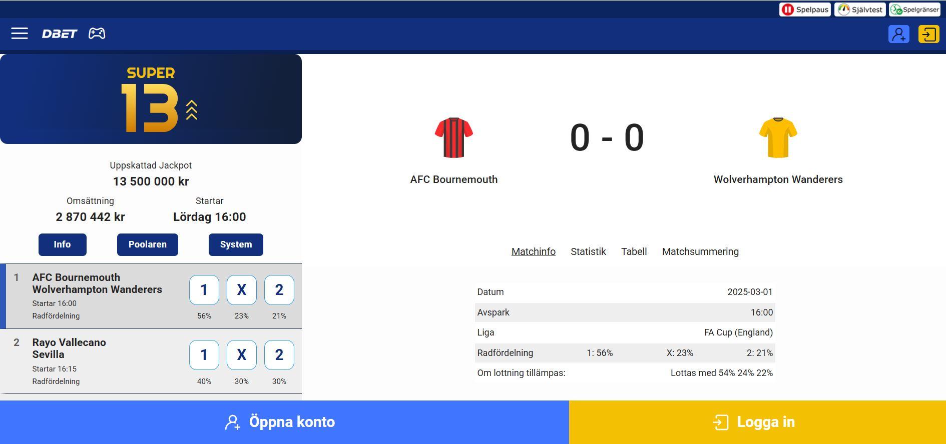 DBET Supertipset vy over aktuell omgang