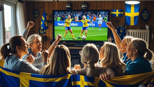 En bild pa nagra svenska fans som tittar pa fotboll pa tv dar svenska landslagets damer spelar