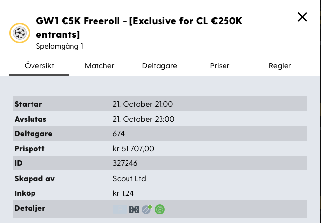 Freeroll Bethard Fantasy Champions League