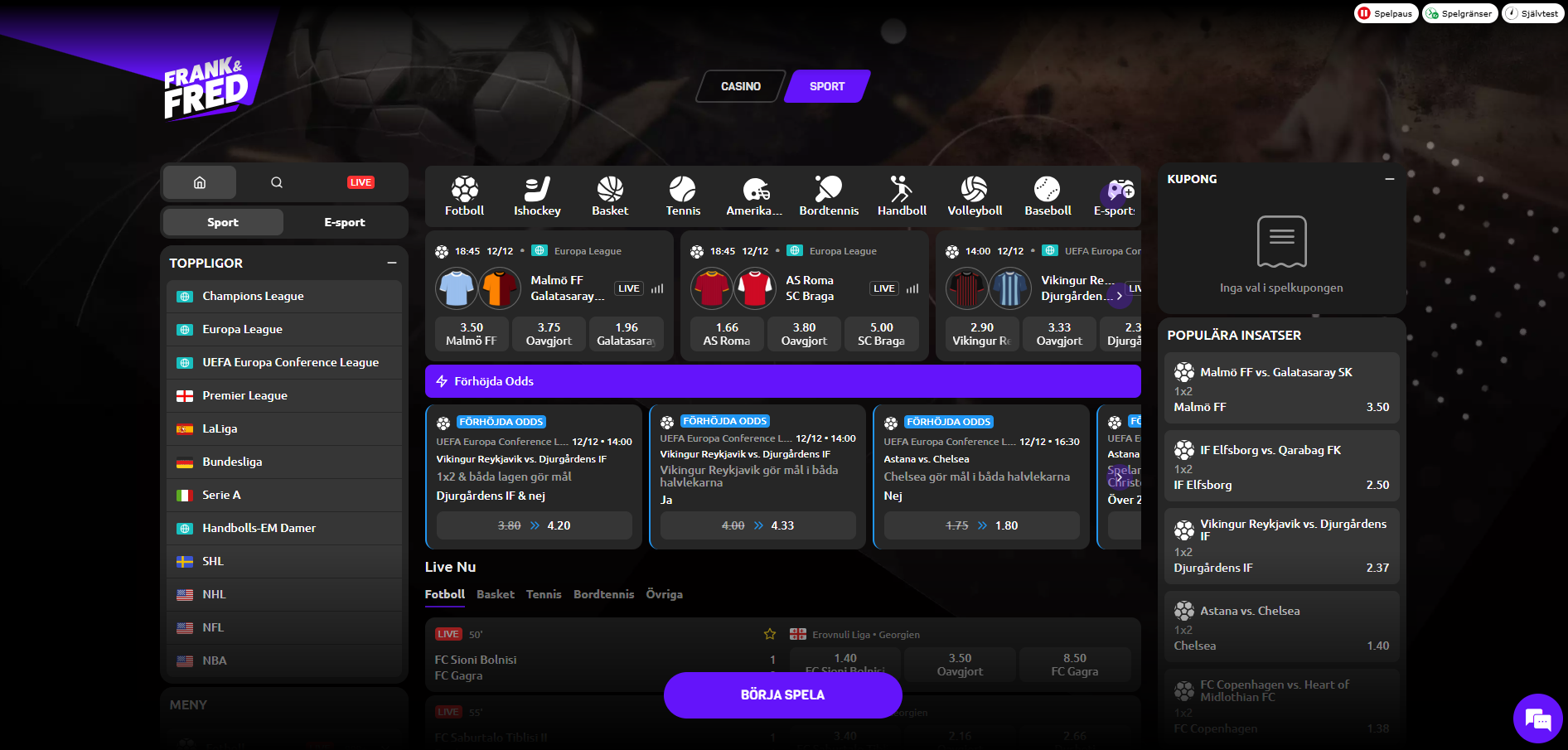 Frank Fred Sport och Casino Utbud for sport