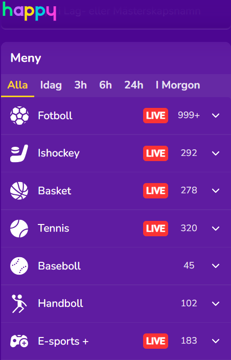 Happy Sports utbud
