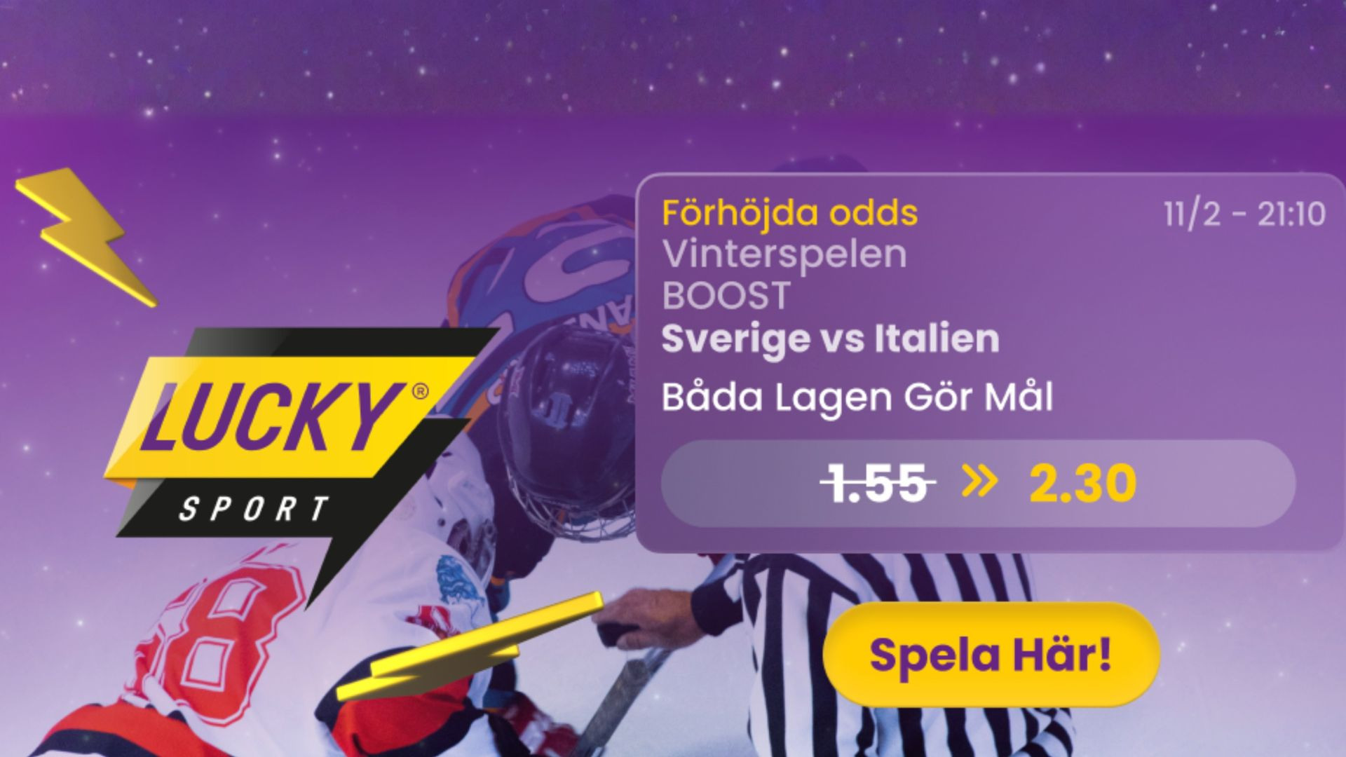 Oddsboost på Sverige v Italien i Vinterspelen 2026 - få +50%!