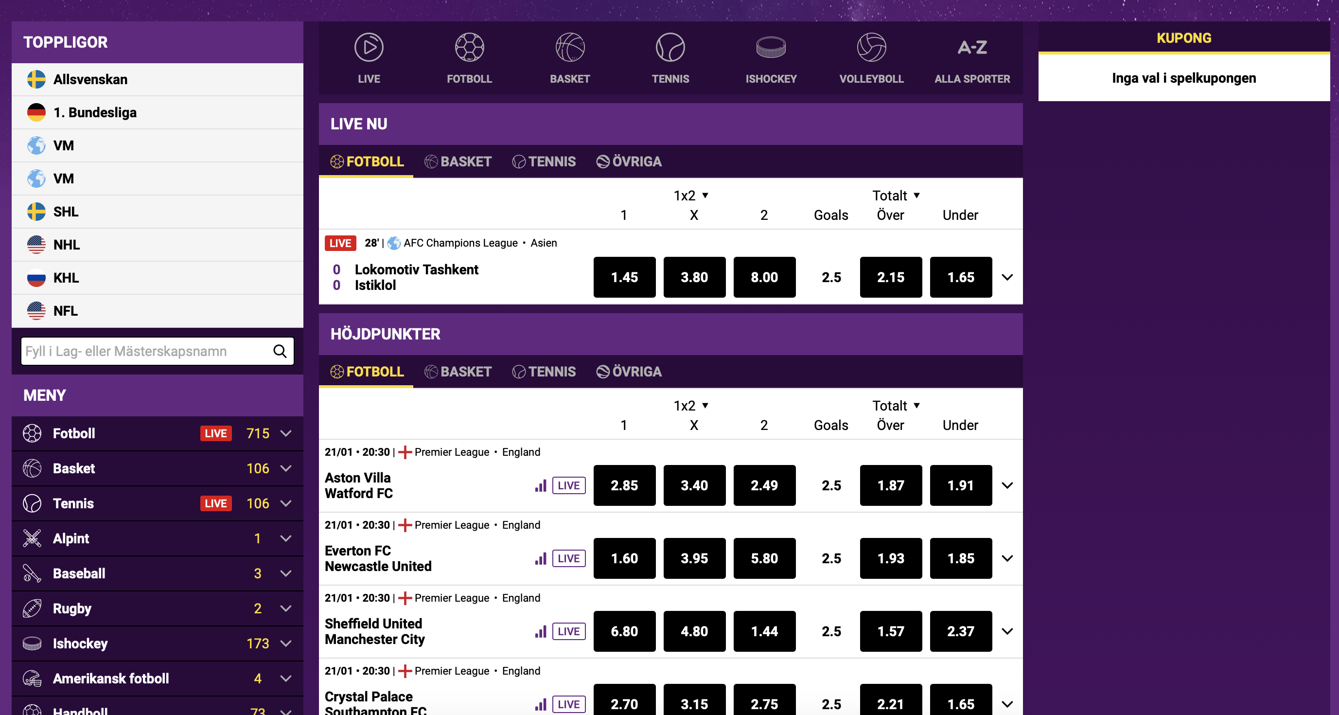 Lucky Sports startsida