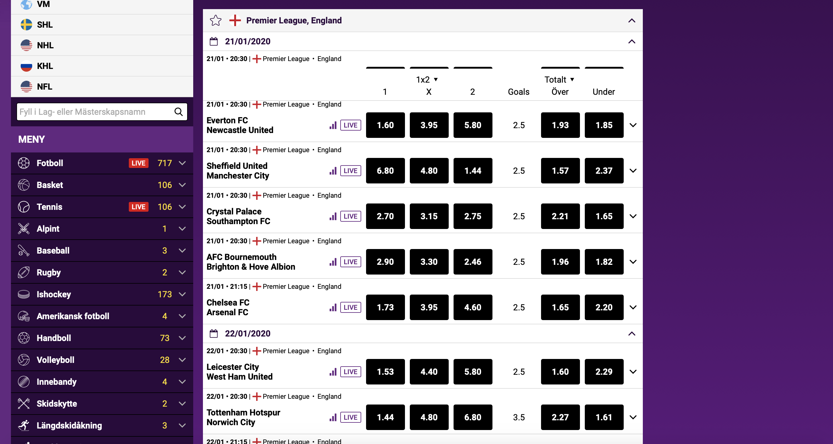 Lucky Sports Premier League-utbud