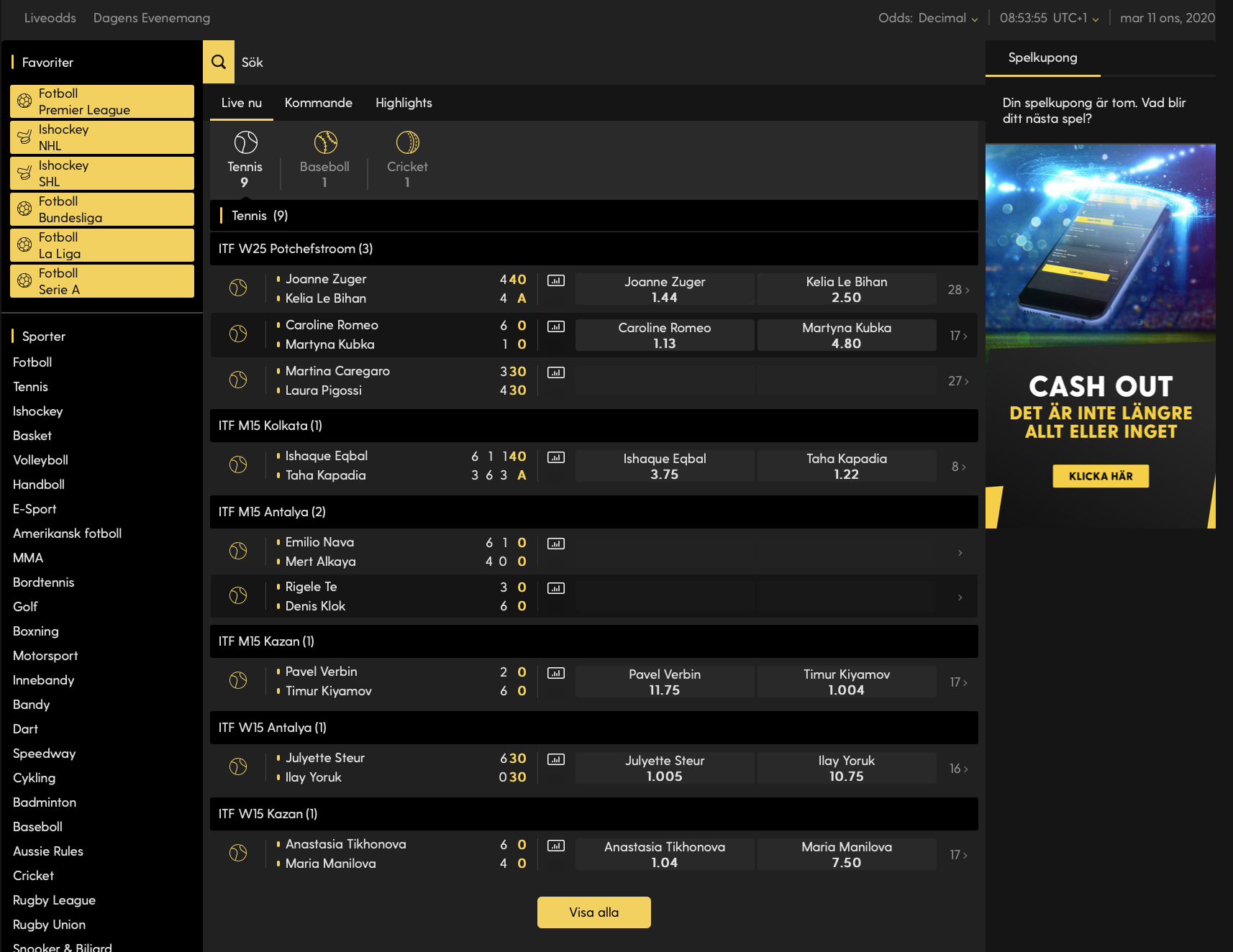 Välkomstbonus när du bettar live på tennis