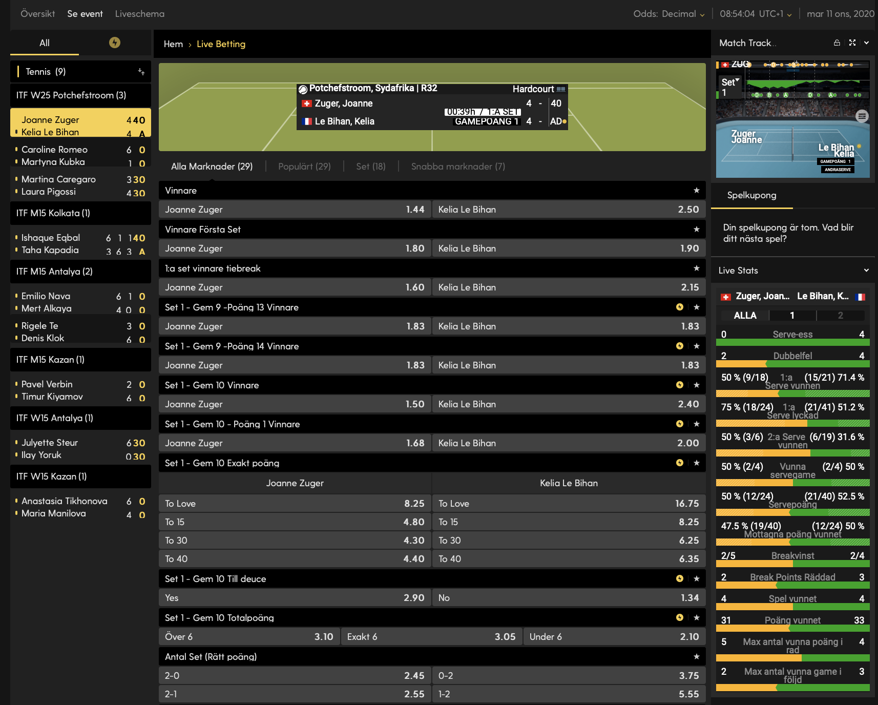 Bethards Livebettingsida på tennis