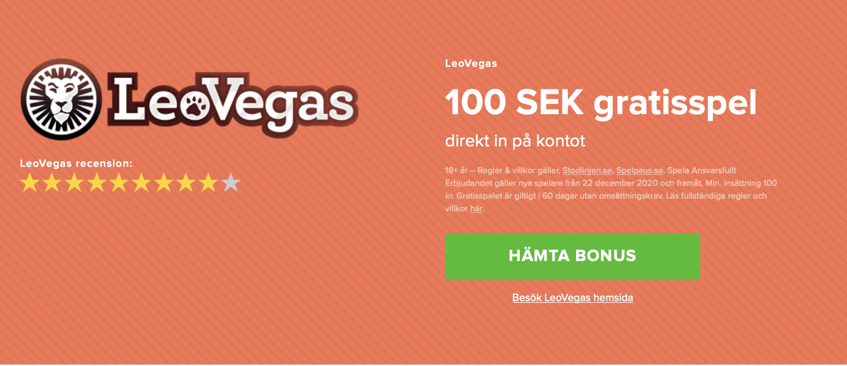 LeoVegas bonus utan omsättningskrav