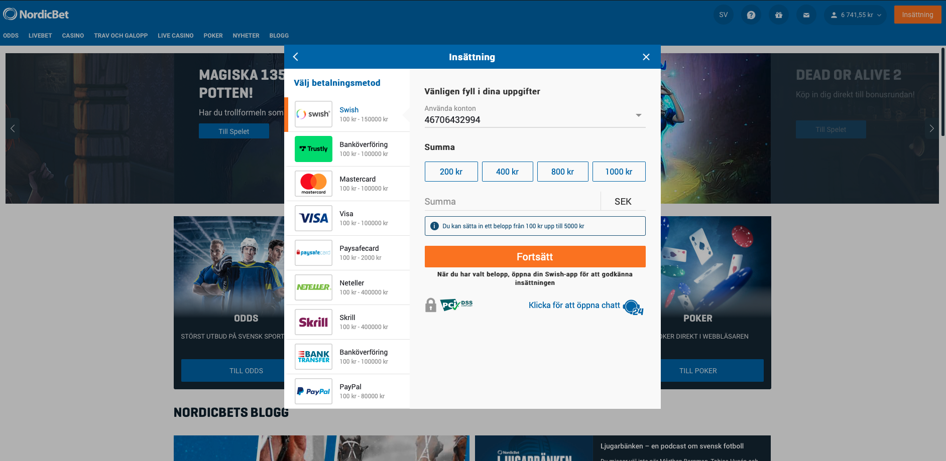 2. Välj Swish som insättning